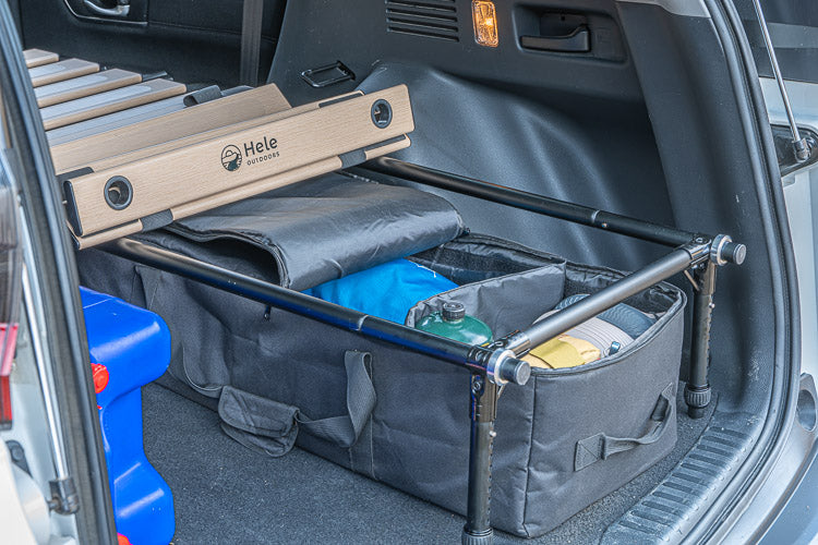 Organized camping gear with Hele BOx sleeping platform