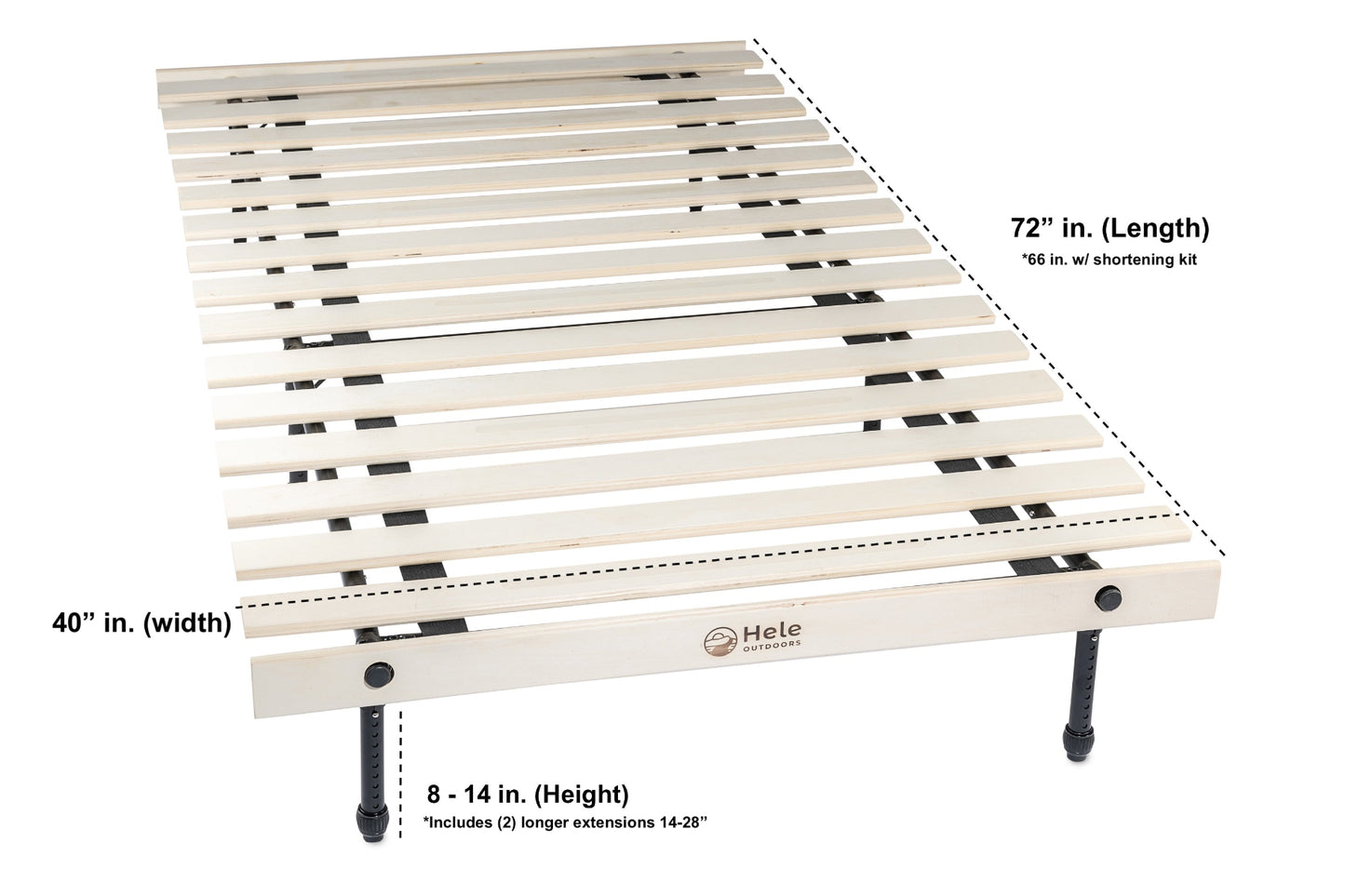 Wooden slat bed frame with dimensions labeled on a white background