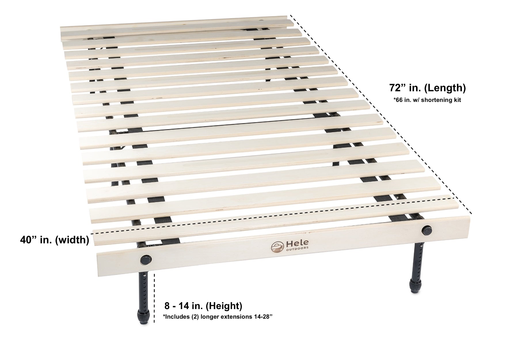 Wooden slat bed frame with dimensions labeled on a white background