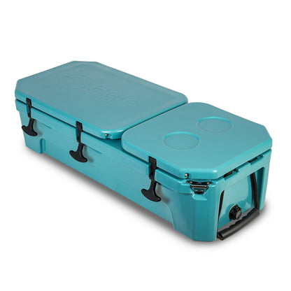 A turquoise blue cooler with a built-in grill top, featuring black latches and a handle, shown on a white background.