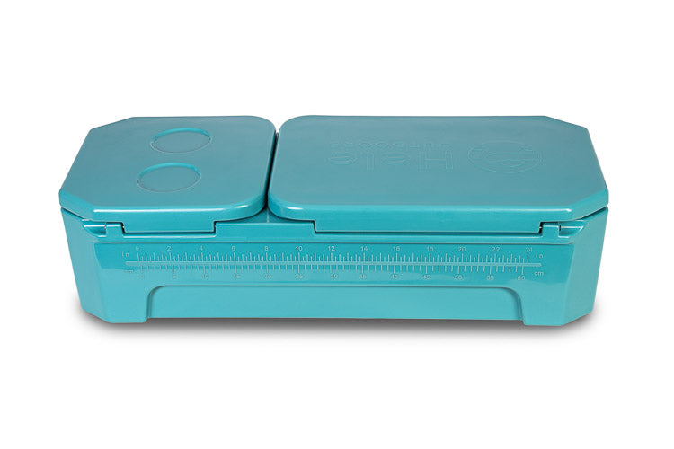 A turquoise plastic folding table or bench with a ruler scale printed on the front, shown on a plain white background.