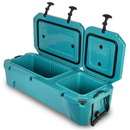 A teal cooler with its lid open, showing two interior compartments and black handle/latch details, photographed on a clean white background.