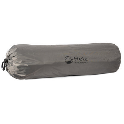 Gray rolled-up mat with 'Hele Outdoors' branding on a white background