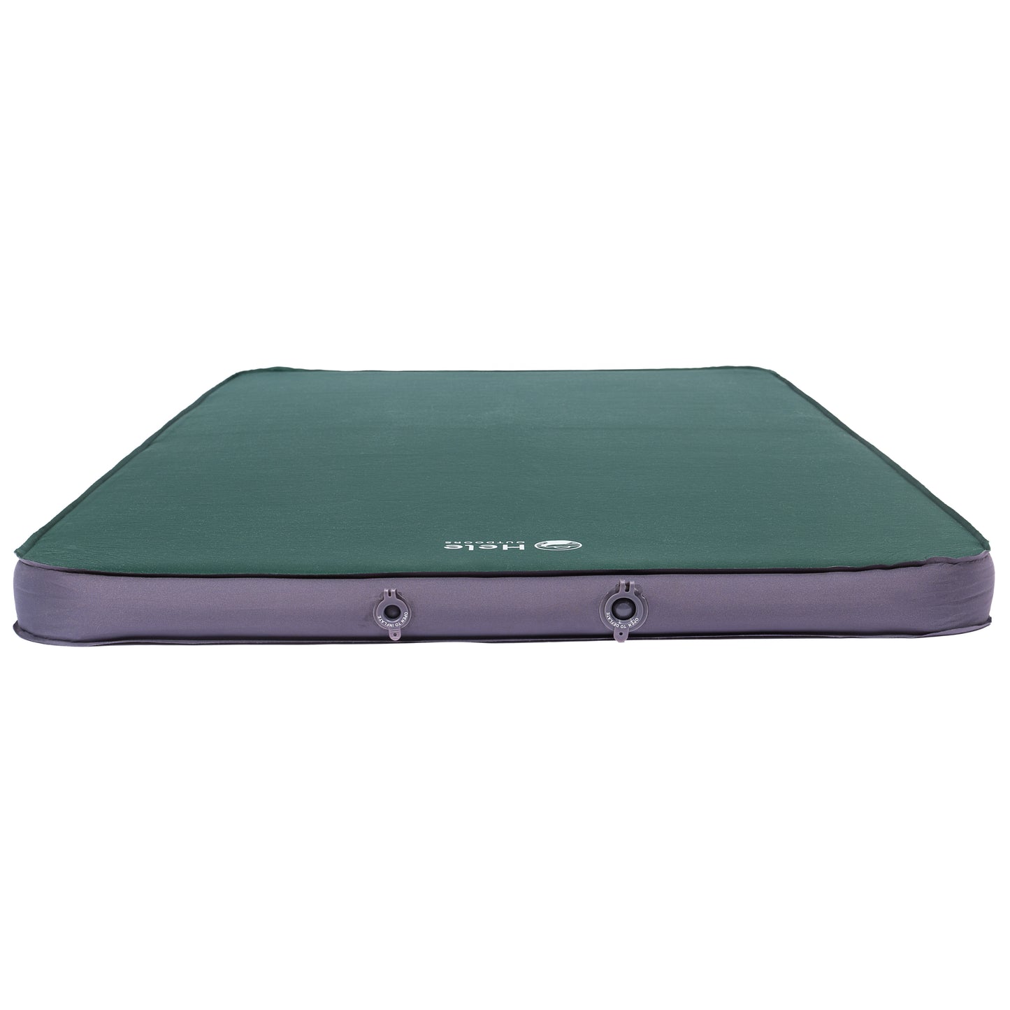 Green and purple inflatable air mattress on a white background