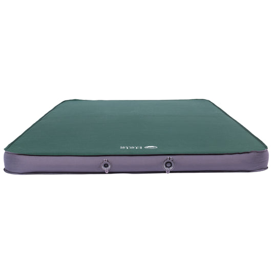 Green and purple inflatable air mattress on a white background