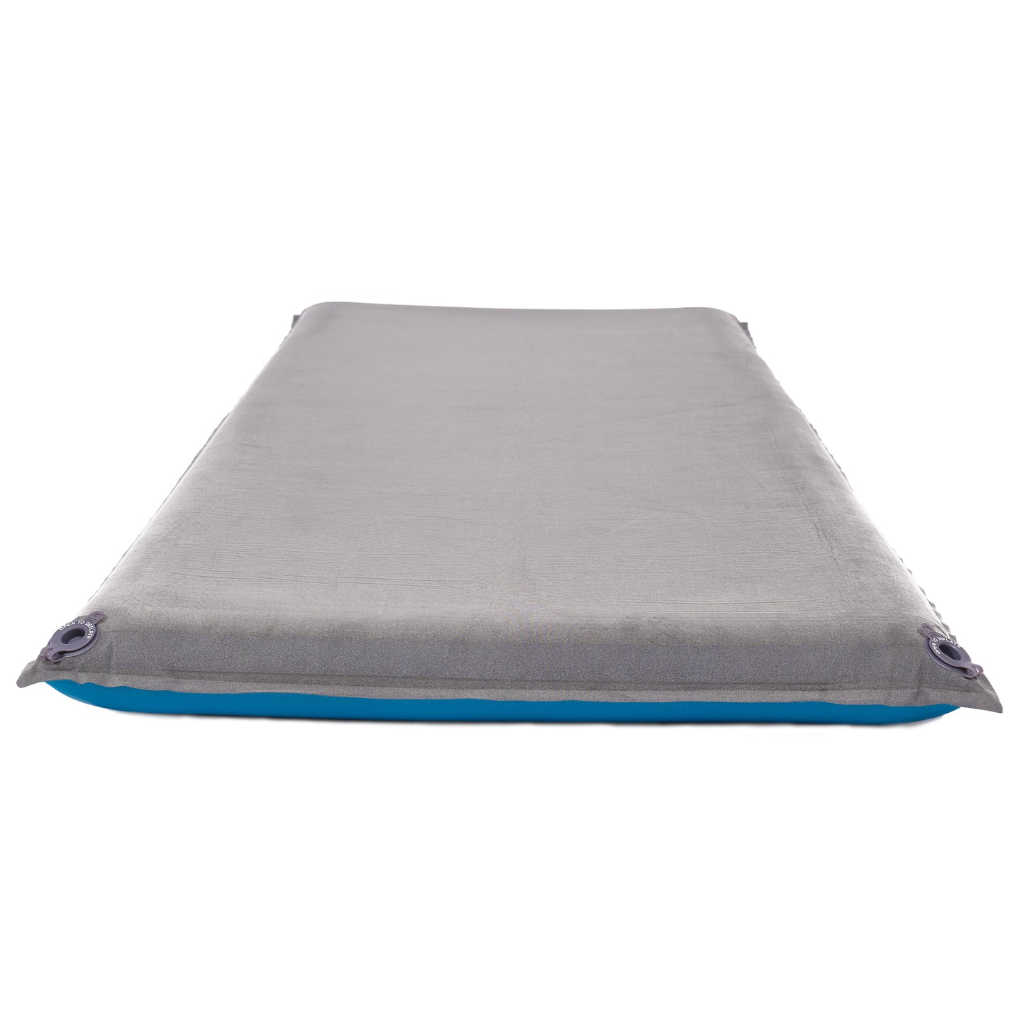 Gray camping mattress with blue trim on a white background