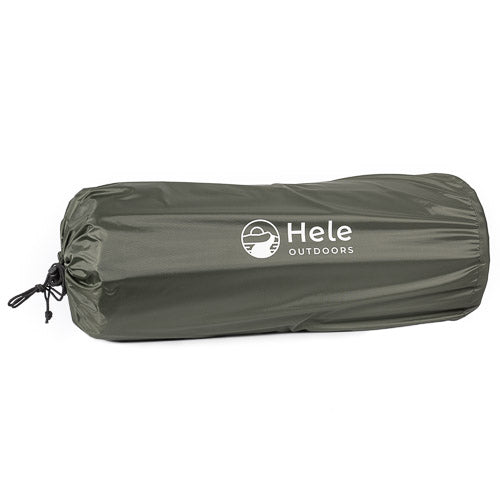 An olive green drawstring storage bag for camping equipment, featuring the white Hele Outdoors logo printed on the front, set against a plain white background.