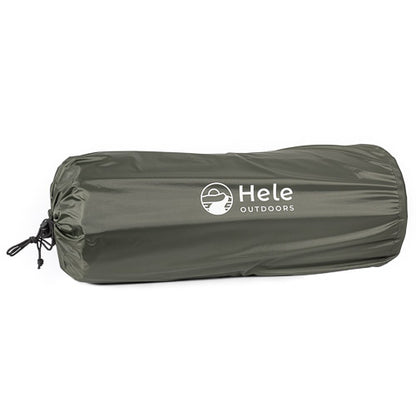 An olive green drawstring storage bag for camping equipment, featuring the white Hele Outdoors logo printed on the front, set against a plain white background.