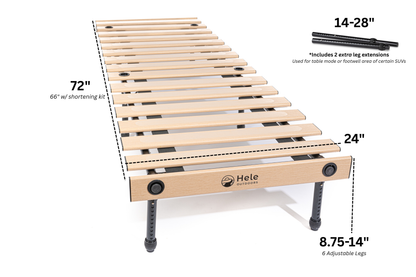 Wooden slat bed frame with dimensions and Hele branding on a white background